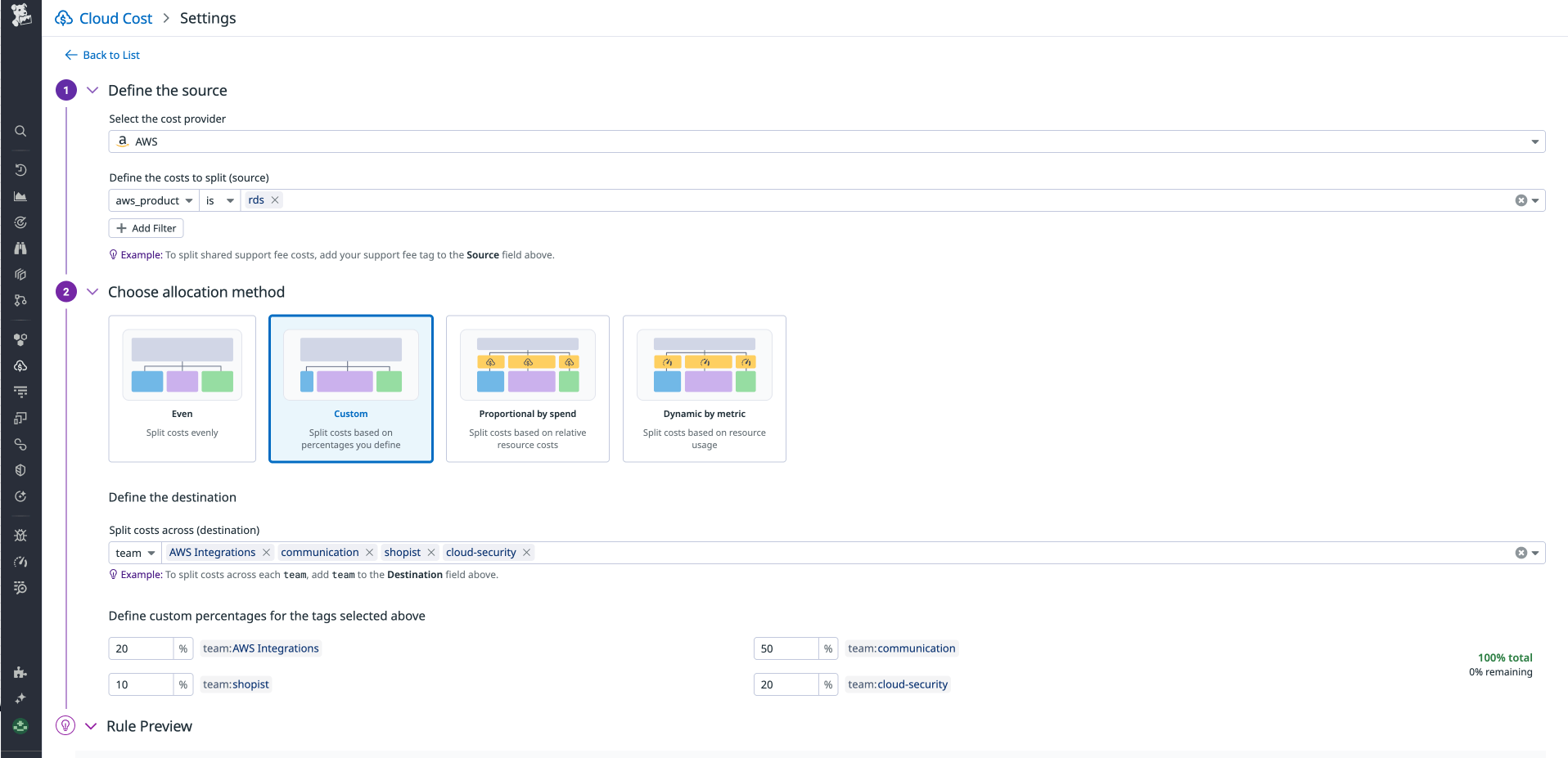 The Cloud Costs Settings screen shows the Custom allocation selected, enabling a percentage of cost allocations to be distributed among AWS Integrations, shopist, communications, and cloud security. The Cloud Costs Settings screen shows the Custom allocation selected, enabling a percentage of cost allocations to be distributed among AWS Integrations, shopist, communications, and cloud security.